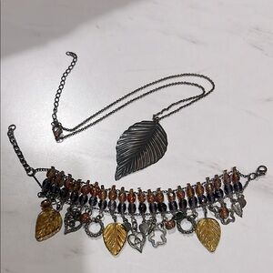 Unique Leaf Pendant Necklace and Charm Bracelet